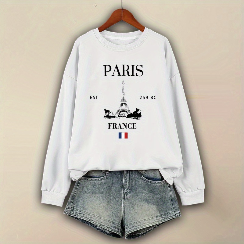 

Paris Print Sweatshirt, Long Sleeve Crew Neck Casual Sweatshirt For Fall & Spring, Women's Clothing