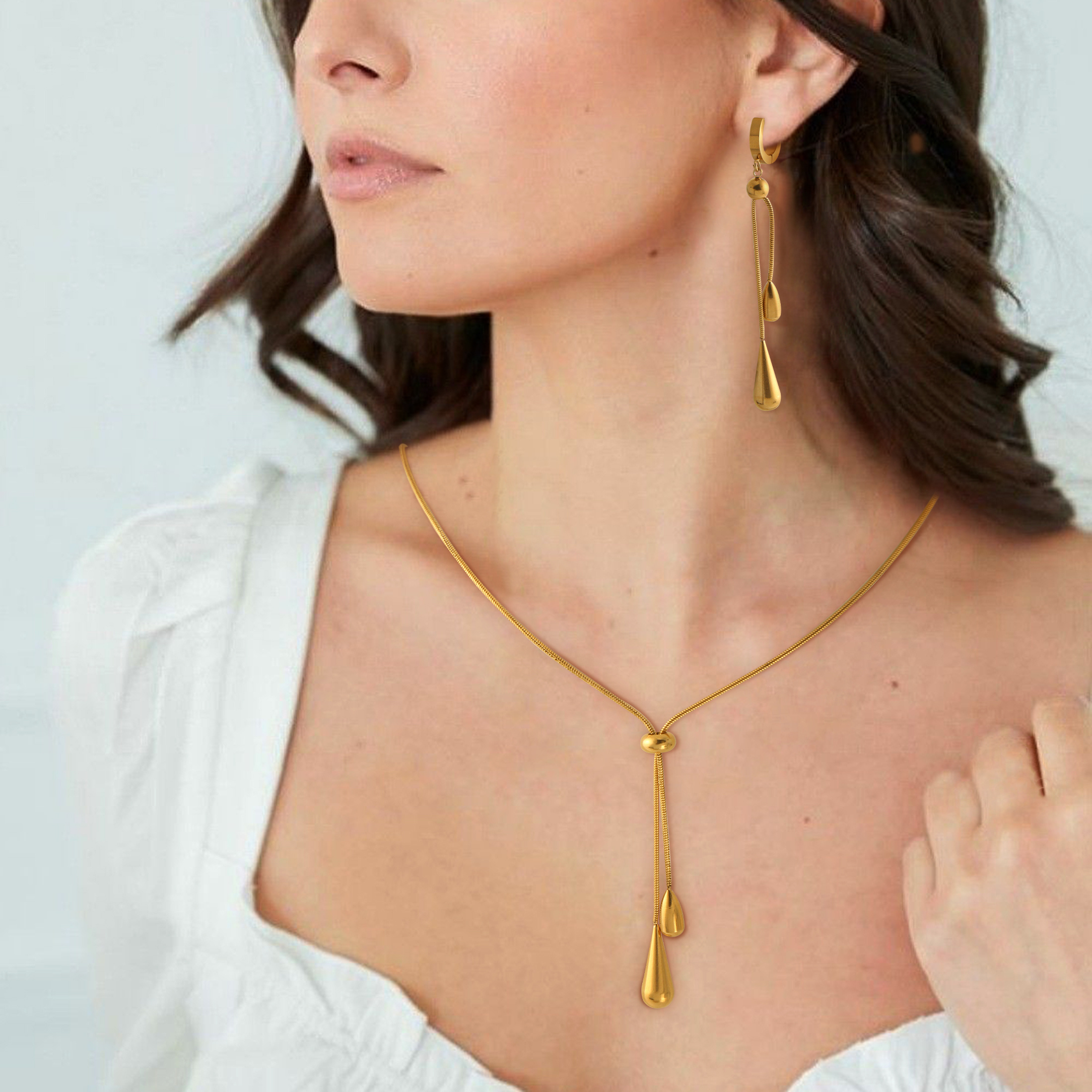 TEMU 2pcs Jewelry Set For Women, 18k Golden Plated Stainless Steel, Boho , Water Drop Pendant Necklace & Hoop Earrings, Hypoallergenic, Daily & Vacation Wear, Gift Box With Card