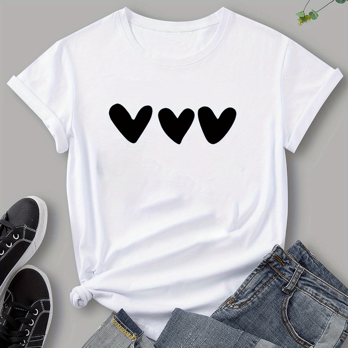 

T-shirt à col rond imprimé cœur, T-shirt décontracté à manches courtes pour le printemps et l'été, Vêtements pour femmes