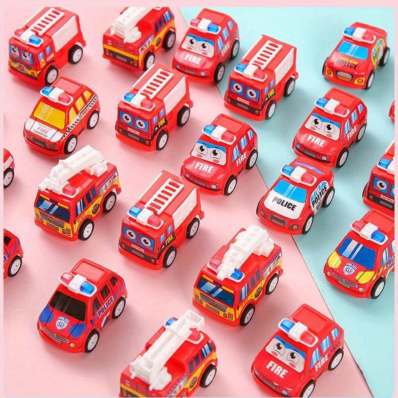 

12-pack Cartoon Fire Truck & Police Car Mini Pull Back Vehicles - Plastic Toy Set For Kids Party Favors, Birthday Goodies, School Rewards - Non-electric, No Feathers, Age 6-8