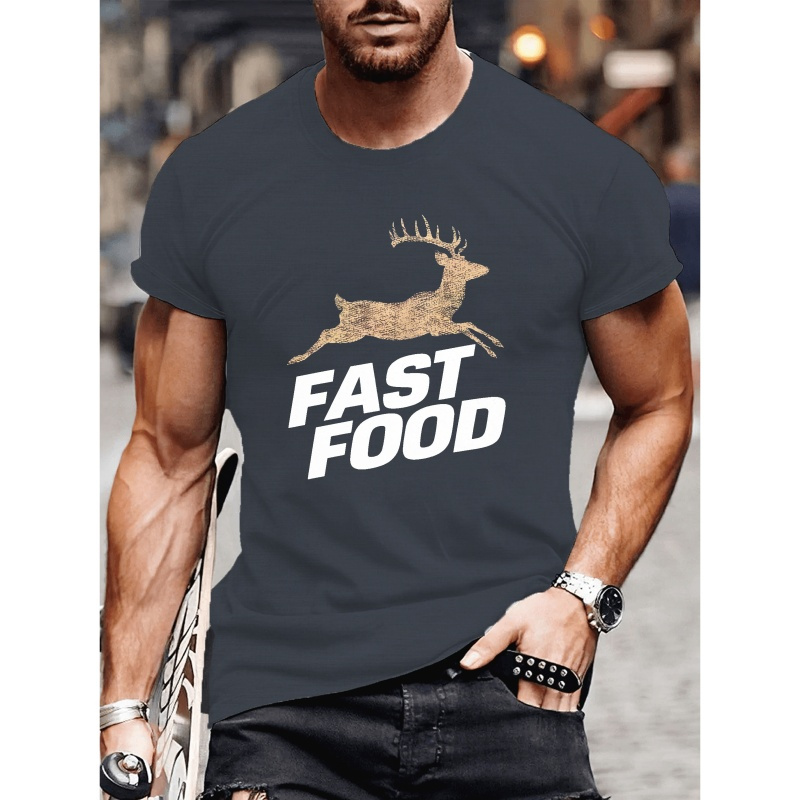 

Deer Fast Food Print Tee Shirt, Tees For Men, Casual Short Sleeve T-shirt For Summer