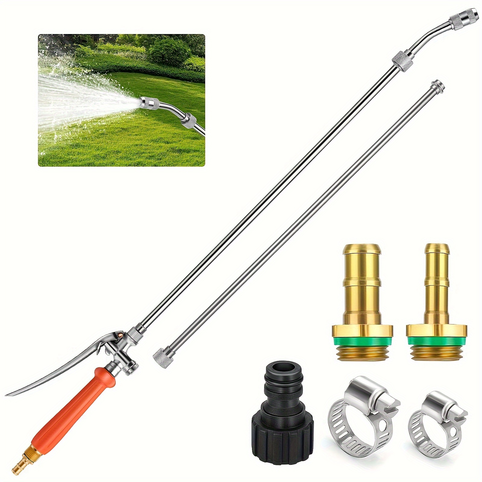 

44 Inch Sprayer Wand, 3/8" & 1/4" Brass Barb Universal Sprayer Wand Replacement, Stainless Steel Sprayer Parts With Shut Off Valve & 2 Hose Clamps, Spray Wands For Garden Hose, 1/2" Connector