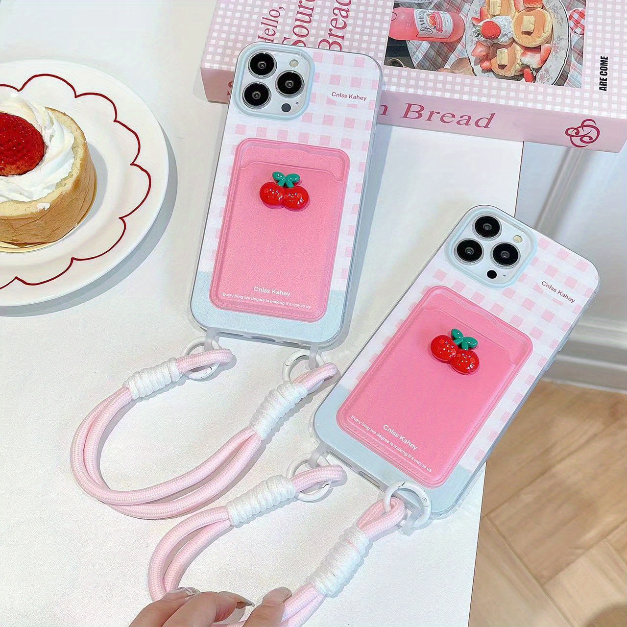 

Cherry Charm Gingham Checkered Tpu Phone Case With Card Holder And Wrist Strap Compatible With Iphone 11/12/13/14/15 Pro Max