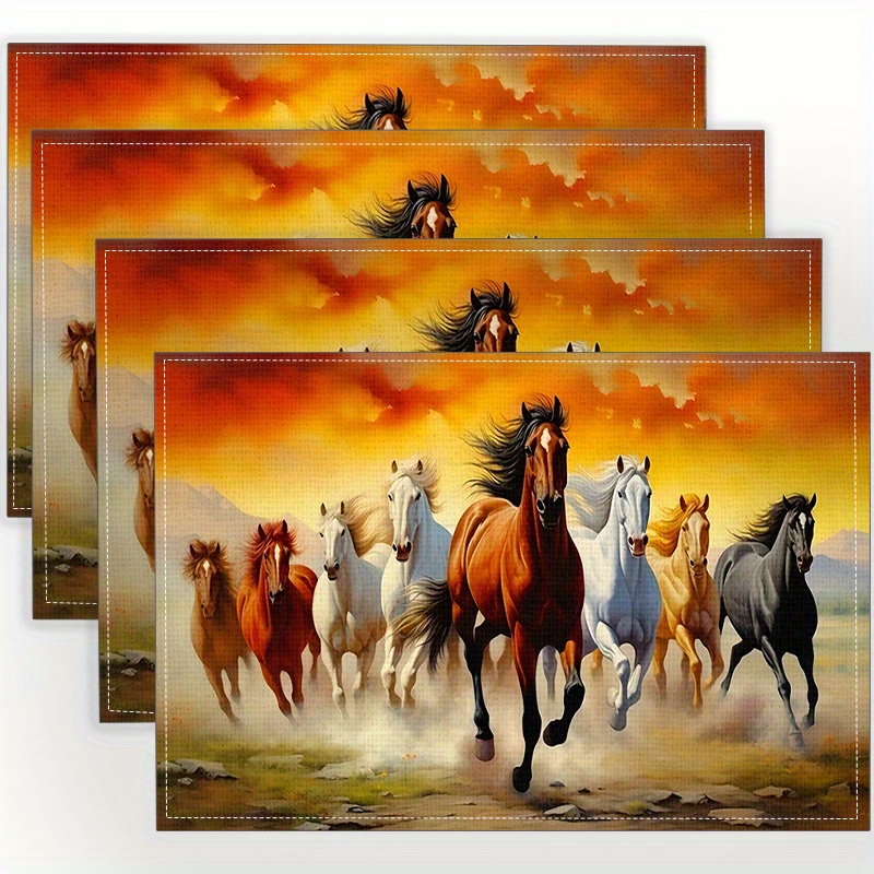 

4-piece Set Of Vibrant Horse-themed Linen Place Mats - 100% Woven Linen Table Mats For Dining And Kitchen, Non-slip & Heat-resistant, Machine Washable, Ideal For Home Decor And