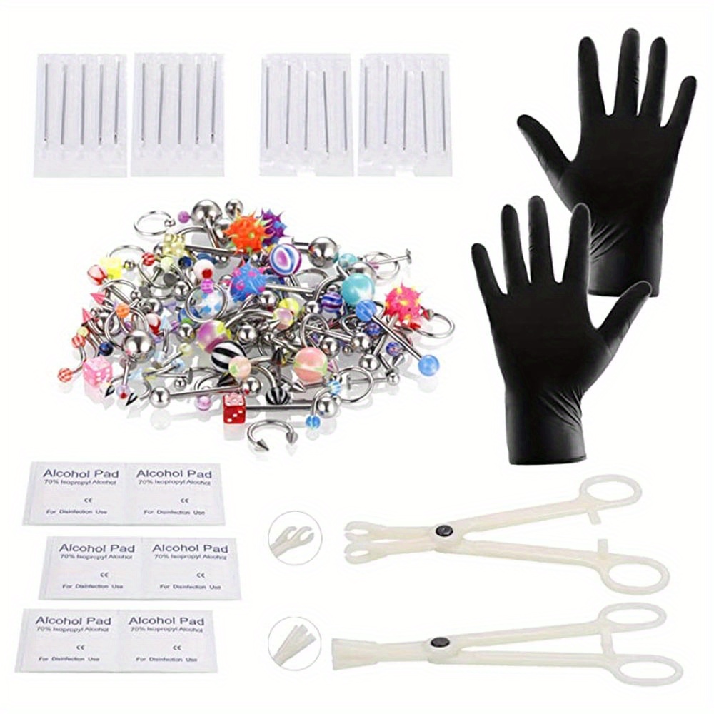 

120pcs Body Piercing Kit With Stainless Steel Nose Lip Brow Belly Piercing Jewelry Set, Including Piercing Needles And Gloves