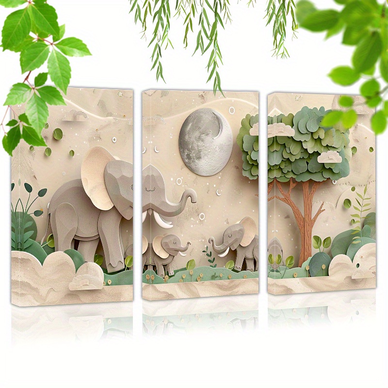 

Framed Set Of 3 Canvas Wall Art Ready To Hang Baby Elephants And Their Mother (3) Gift, Wall Art Prints Poster Wall Picrtures Decor For Home