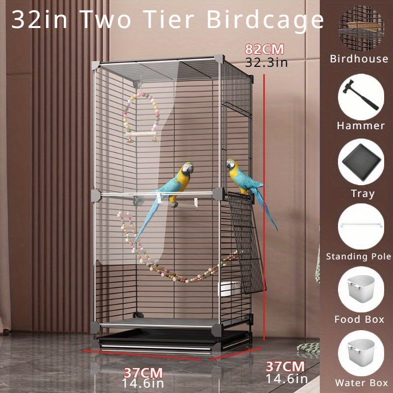 

32in 2 Tier Metal Bird Cage For Parrots, Canaries & Small Birds - Deluxe Villa With Clear View, Includes Birdhouse, Standing Pole, Tray, Food & , Easy Install & Clean, Wheeled Base