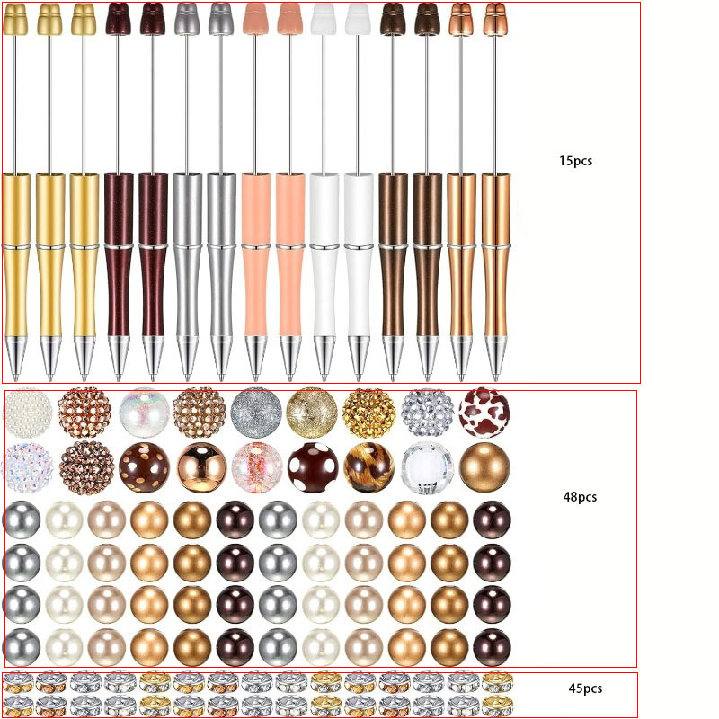 Image of 15pcs Plastic Bead Pens + 48pcs Combination Beads Bead + 45pcs Crystal Spacer Beads Black Ink Ballpoint Pen Bead Pen Set Party Gifts Office Supplies