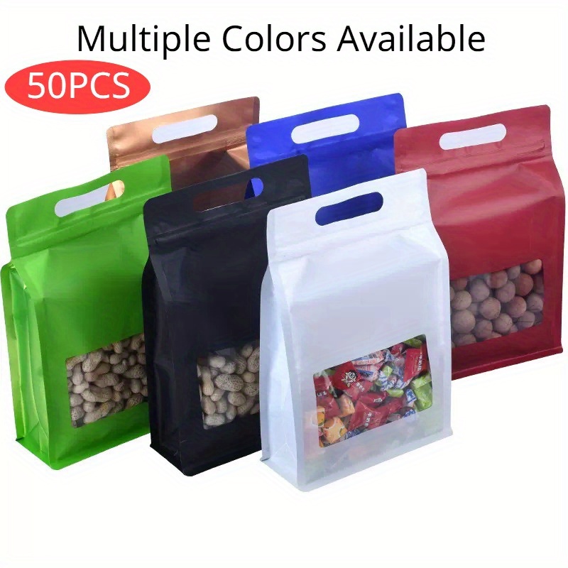 50pcs multicolor self standing storage bags with window and handle aluminum seal pouches for coffee dried   nuts ideal for festival birthday party and kitchen packaging
