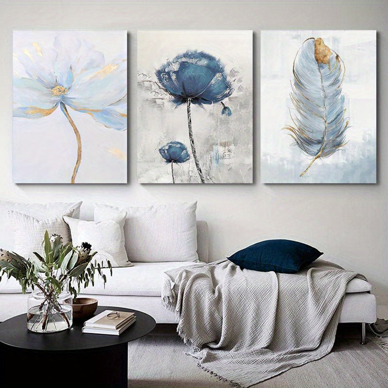 

Framed 3 Piece Blue Flower Canvas Wall Art Delicate Feather Poster Pastel Flower Canvas Print Modern Abstract Canvas Painting Golden Luxury Wall Art Posters Prints Wall Pictures For Living Room Decor