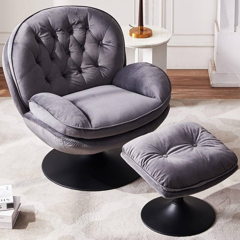 Modern Soft Accent Armchair With Ottoman - High Back Lazy Sofa - Gray