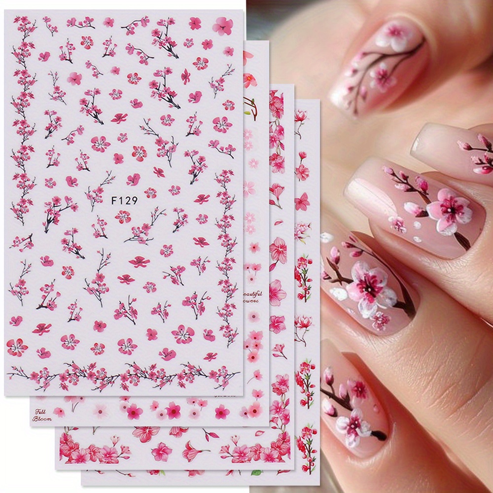 

Floral Nail Art Stickers Decals Set Of 4, Shimmery Glitter Cherry & Pink Flowers, Self-adhesive Rectangle Nail Embellishments, Unscented Cartoon Theme For Manicure, Single Use On Plastic Surfaces