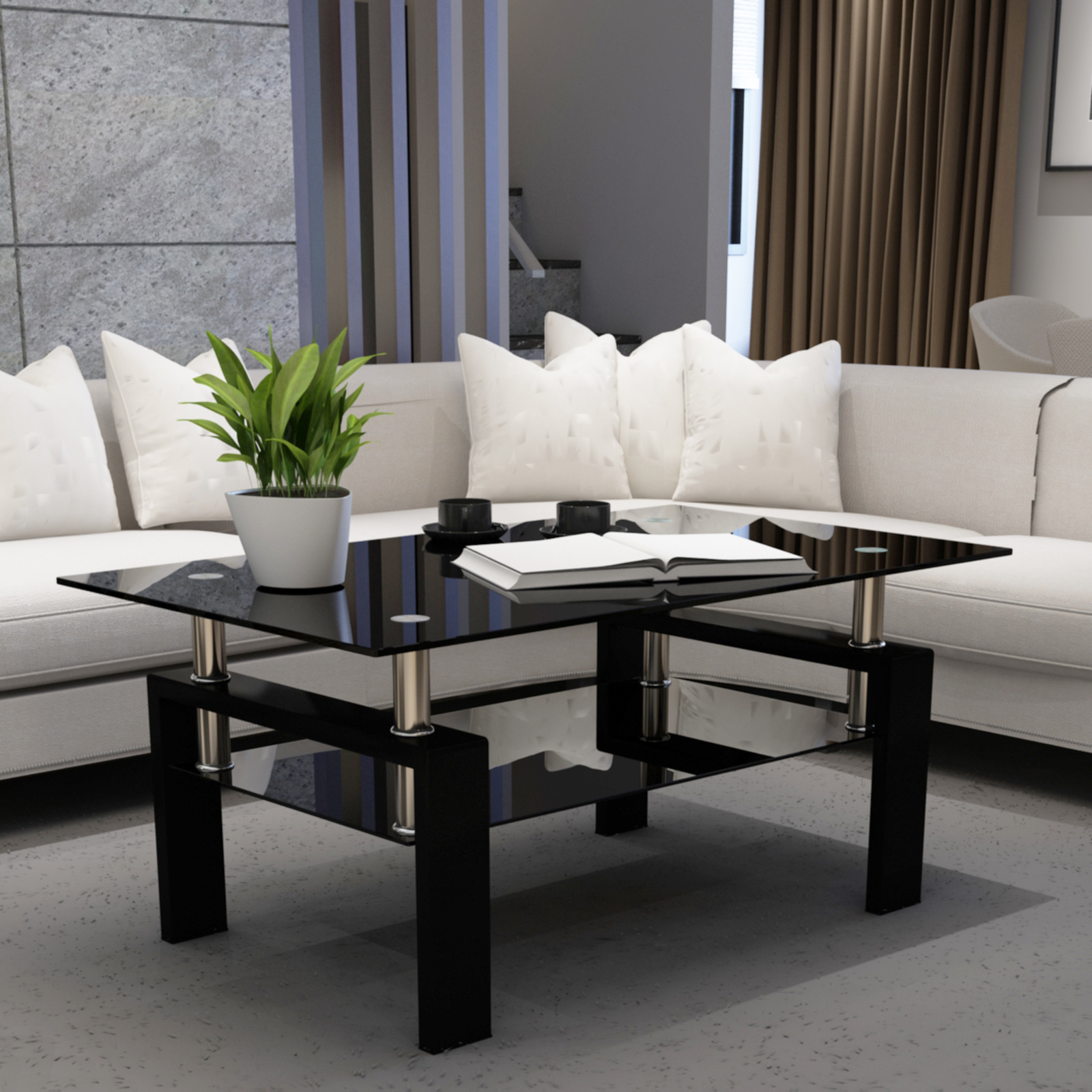 

Rectangle Black Glass Coffee Table, Clear Coffee Table, Modern Side Center Tables For Living Room, Living Room Furniture