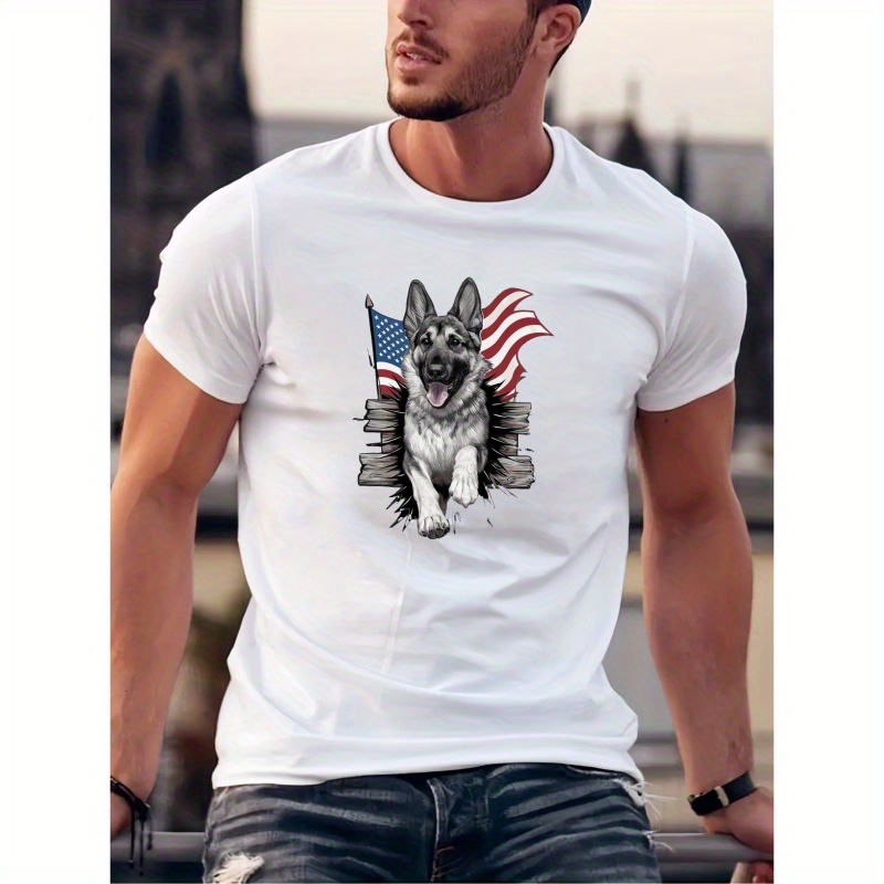 

American Flag And German Shepherd Print Tee Shirt, Tees For Men, Casual Short Sleeve T-shirt For Summer