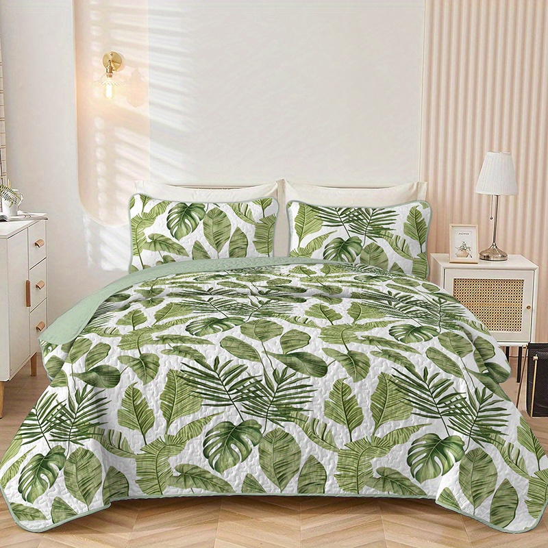 

3pcs Tropical Leaf Print Bedspread Set - Polyester Bedspread With 2 Pillowcases, Soft Lightweight Bed Cover, All-season Home Bedroom Decor, No Filling
