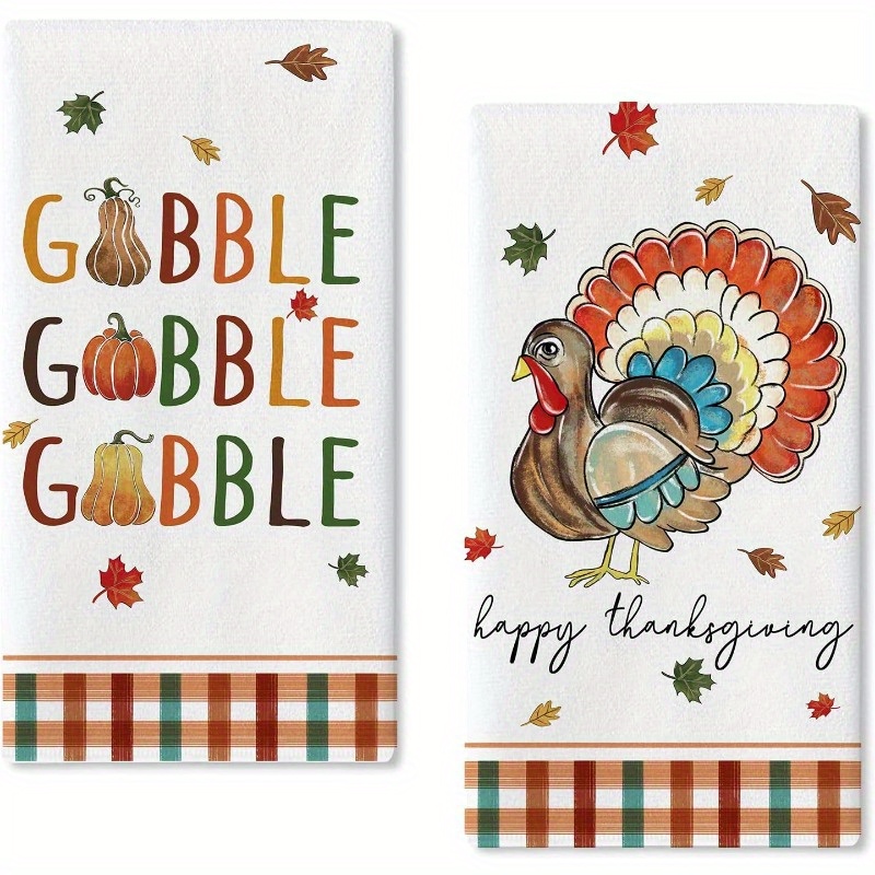 

Happy Thanksgiving Turkey Kitchen Towels - Set Of 2, Autumn Pumpkin Maple Leaf Design, 18x26 Inches, Soft Vibra Cotton, Machine Washable