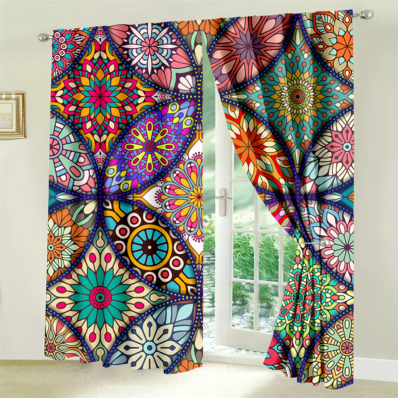 

2pcs Bohemian Art Deco Doorway Curtains - Satin Polyester Fashion Flower Pattern - Machine Washable, Unlined, With Tie Backs - All-season Washable Curtains For Bedroom With Landscape Theme