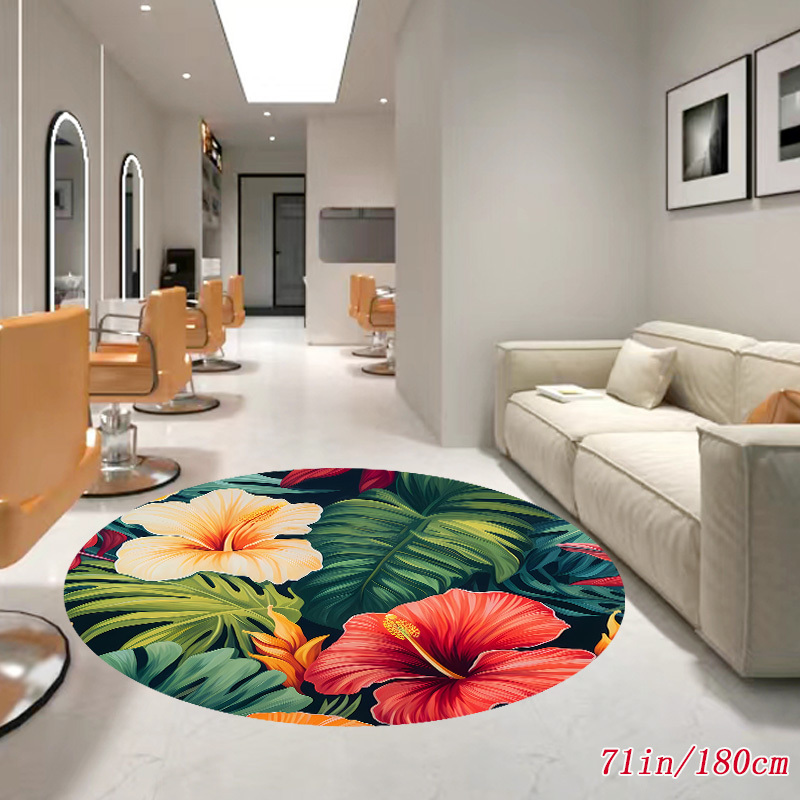 

Non-slip Polyester Round Area Rug With Tpr Backing, Tropical Plant Pattern, Imitation Cashmere, Heavy Duty 1300g/m², Modern Luxury Floor Mat For Home, Office, Cafe - 71in/180cm