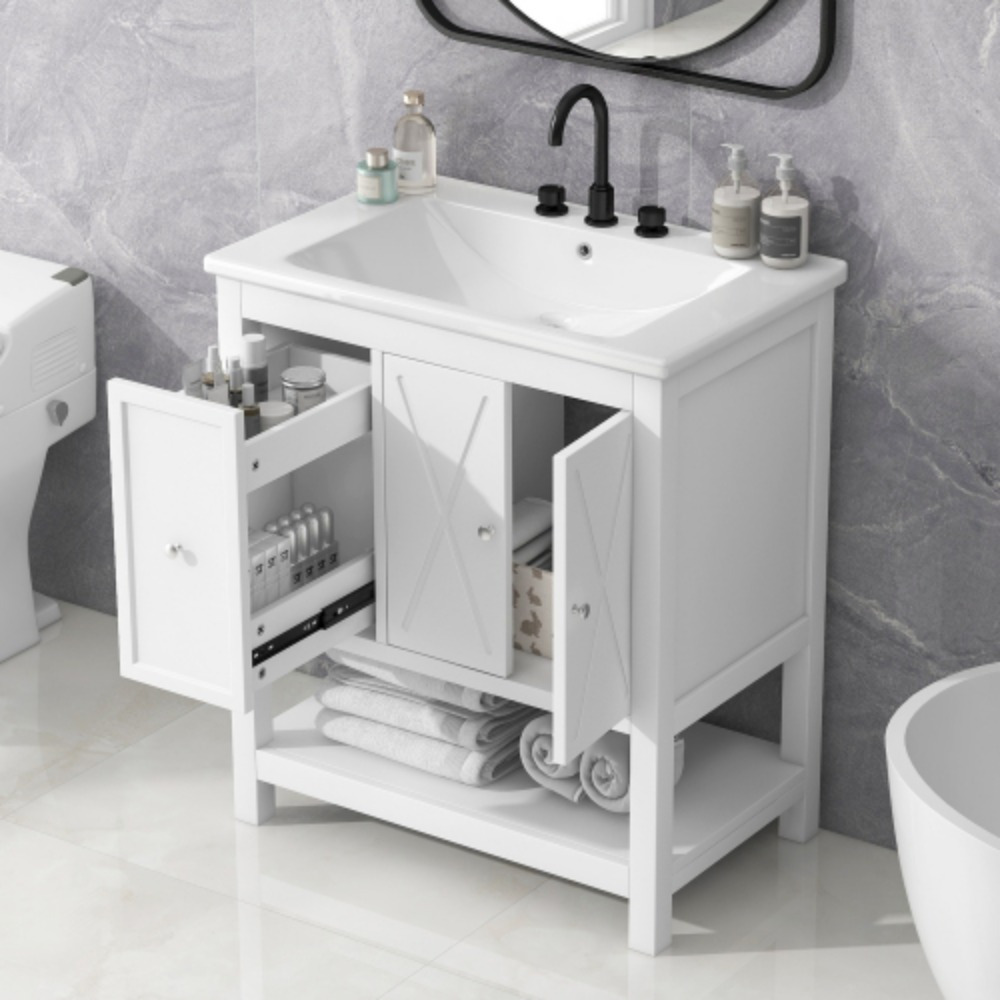 

30" Bathroom Vanity With Sink Combo Set, Modern Multi-functional Bathroom Vanities With 2 Doors, 1 Drawer, Solid Wood Frame, White