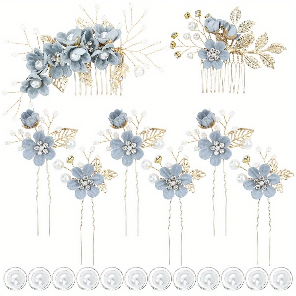 

20 Pack Classy Dusty Blue Flower Bridal Wedding Hair Side Combs+floral Hair Pins+twist Spiral Pearl Hair Pins Clips Pieces Formal Prom Headpieces Accessories For Brides Bridesmaids Women Girls