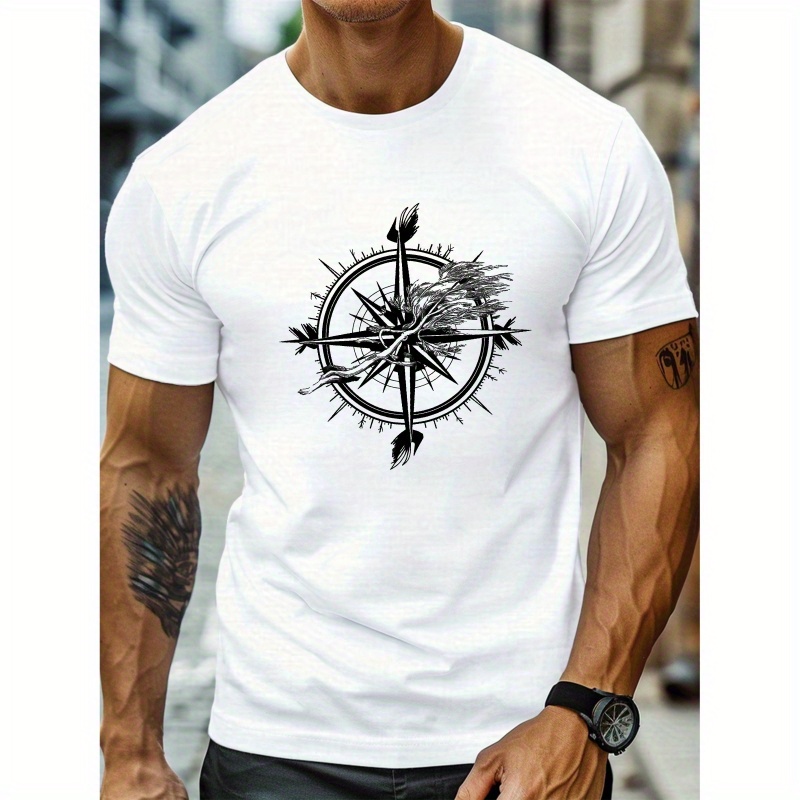 

Compass Print Men's Round Neck Top Simple Versatile Casual Fashion Skin-friendly Breathable Tee New Classic Trendy Short Sleeve Sports T-shirt For Spring Summer Daily Commute