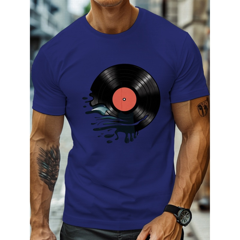 

Surreal Melting Vinyl Record Print T-shirt For Men, Casual Short Sleeve T-shirt For Summer
