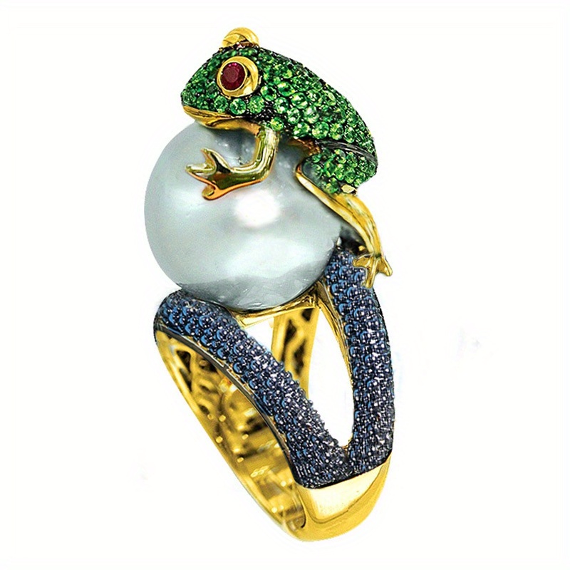 

Copper Plated Colored Ring Fashion Frog Golden Toad Playing Pearl Ring