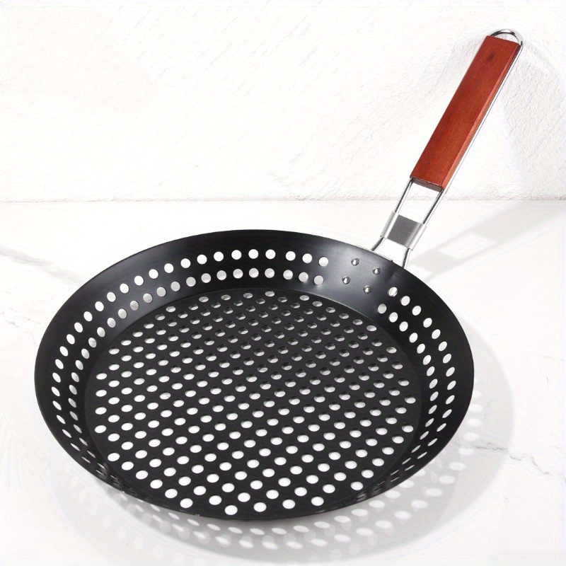 

1pcs Stainless Steel Bbq Grill Basket - Round Perforated Grilling Pan With Folding Handle For Outdoor Barbecue And Baking