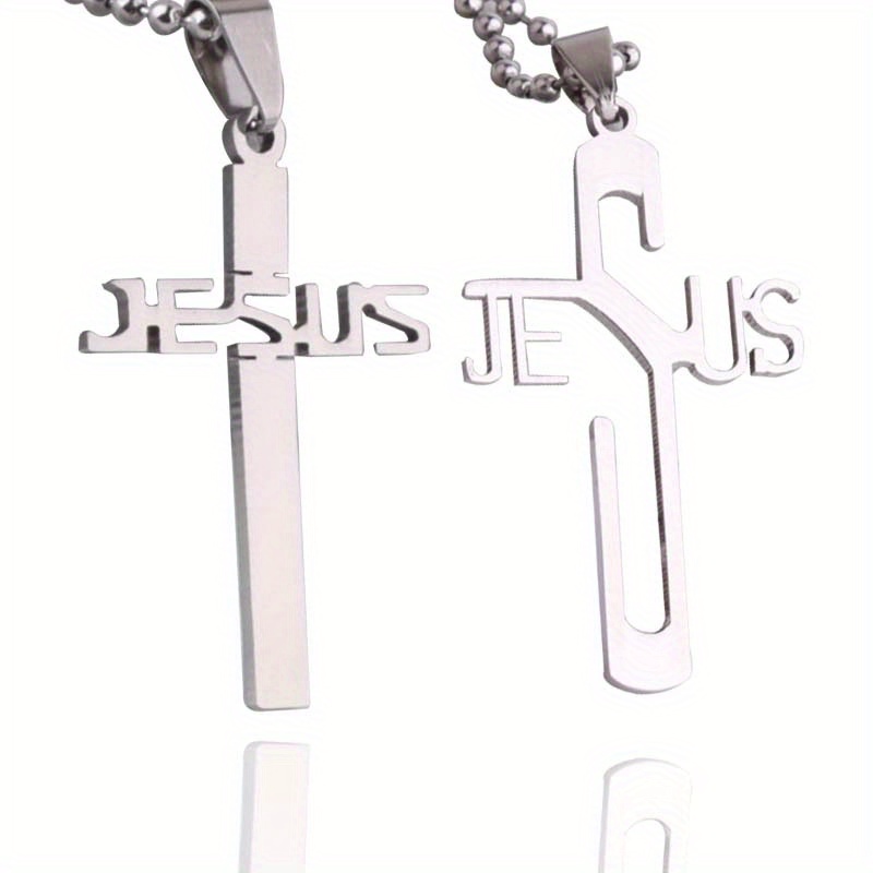 2pcs silver polished stainless steel     cross pendant men necklace with chain jewelry details 5