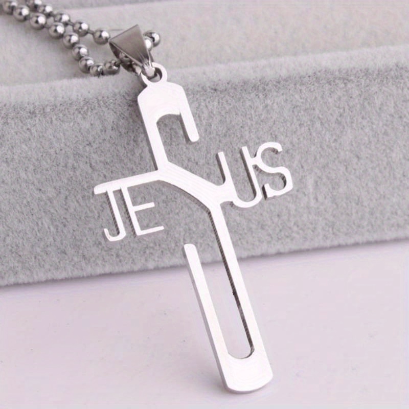 2pcs silver polished stainless steel     cross pendant men necklace with chain jewelry details 2