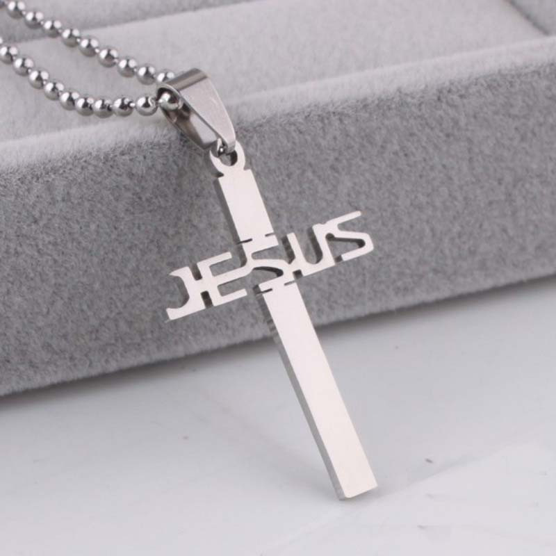 2pcs silver polished stainless steel     cross pendant men necklace with chain jewelry details 1