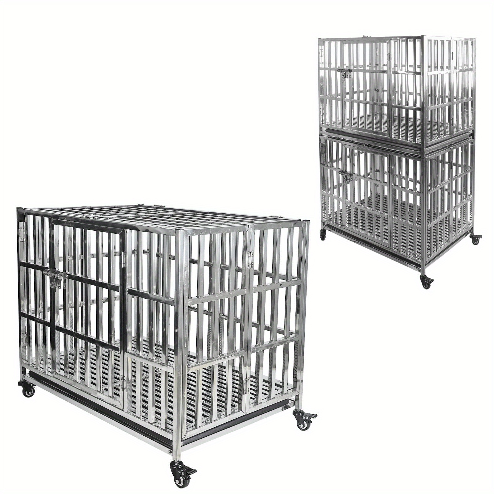 

37/42/47 Inch Stackable Heavy Duty Dog Kennel Pet Stainless Steel Crate Cage For Small Dogs With Tray Foldable & Portable For Animal Out-door Travel