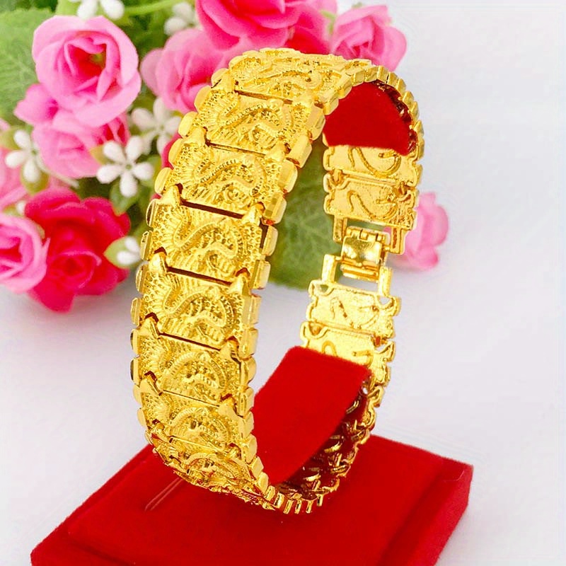 

Jewelry Mens 8.26" 21mm Golden Tone Thick Nugget Link Bracelet Dragon Pattern