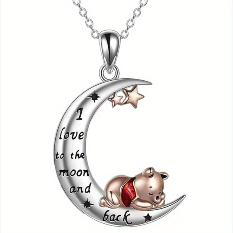 

1pc Fashion Alloy Necklace With Plated White K - I Love You To The Moon And Back Crescent Pendant, Cute Cartoon Bear Design For Men And Women - Party Birthday Surprise Gift