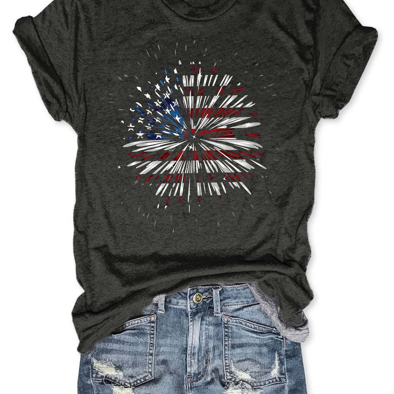 

American Fireworks Print T-shirt, Short Sleeve Crew Neck Casual Top For Summer & Spring, Women's Clothing