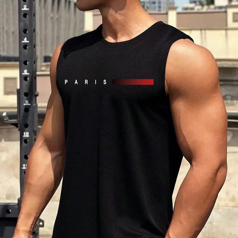 

Paris Print Men's Quick Dry Moisture-wicking Breathable Tank Tops, Athletic Gym Bodybuilding Sports Sleeveless Shirts, Men's Top For Workout Running Training Basketball Playing, Men's Clothing