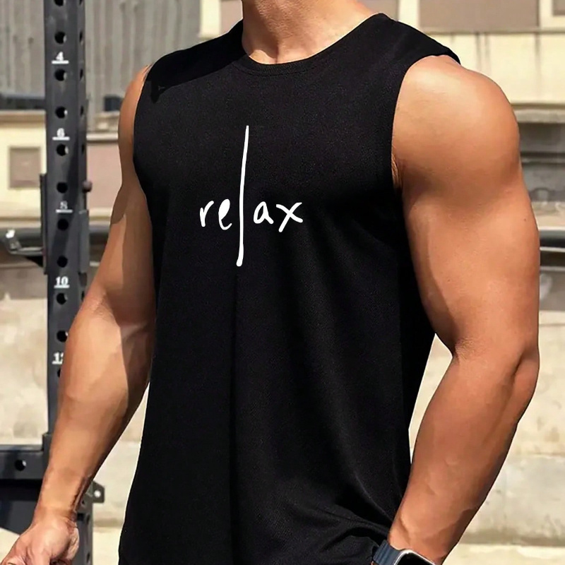 

Relax Letter Print, Men's Quick Dry Moisture-wicking Breathable Tank Tops, Athletic Gym Bodybuilding Sports Sleeveless Shirts, Men's Top For Workout Running Training Basketball Playing, Men's Clothing