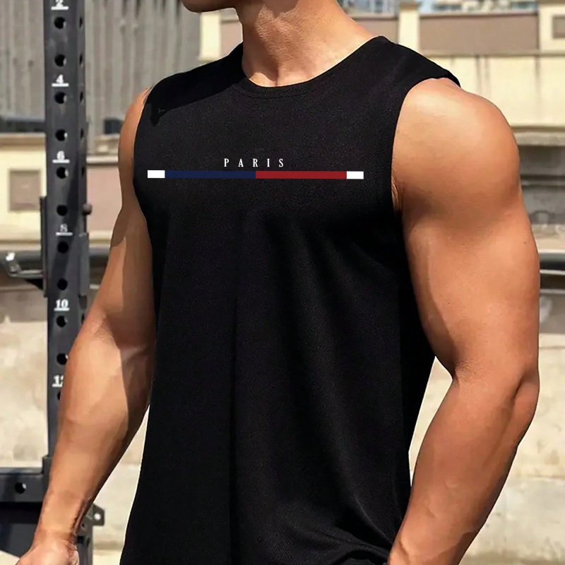 

Paris Letter Graphic Print Men's Casual Lightweight Athletic Sleeveless Tank Top, Men's Comfy Gym Training Sports Vest Top For Summer