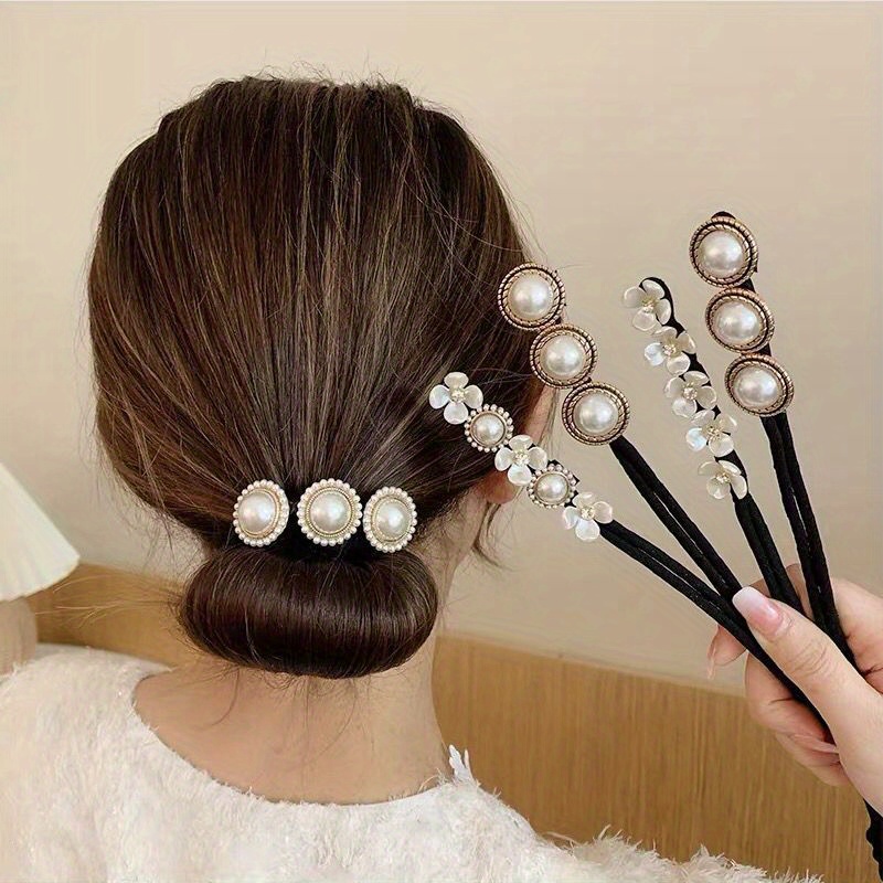 

4-piece Elegant Faux Pearl & Flower Hair Bun Maker Set - Chic Flexible Styling Accessories For Parties & Events