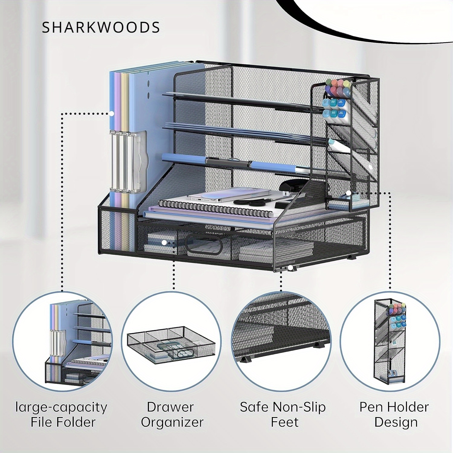 TEMU Supeasy 5-layer Desk Organizer Featuring A File Holder, Mesh Paper Tray For Letters, Including A Pen Holder And Drawer, Desktop Storage Solution With 3 File Sorters For Office Supplies
