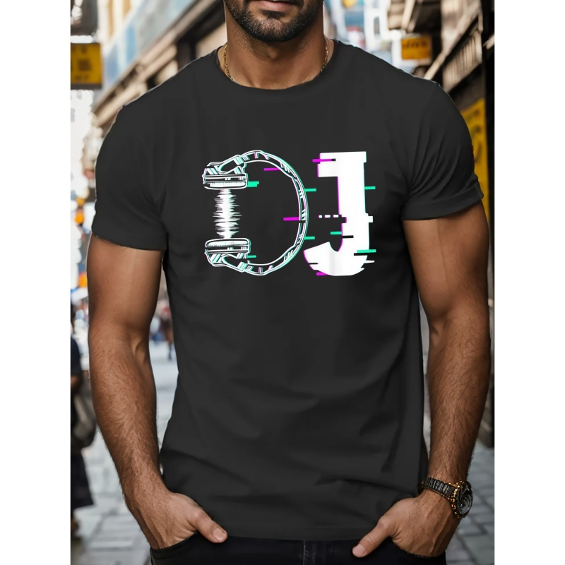 

Dj Music Theme Letter Print Tee Shirt, Tees For Men, Casual Short Sleeve T-shirt For Summer