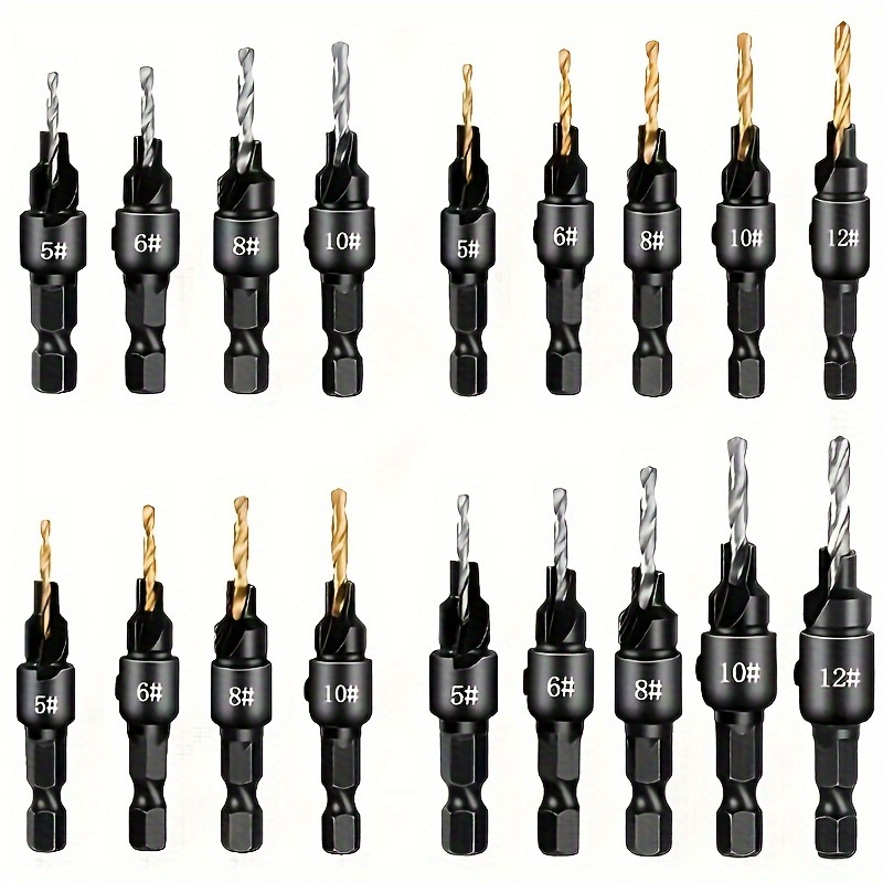 

6-piece Woodworking Countersink Drill Bit Set, Steel, Adjustable Depth & Angle, With Hex Shank, For Diy Wood Projects, Includes L-wrench, Sizes #5 #6 #8 #10 #12
