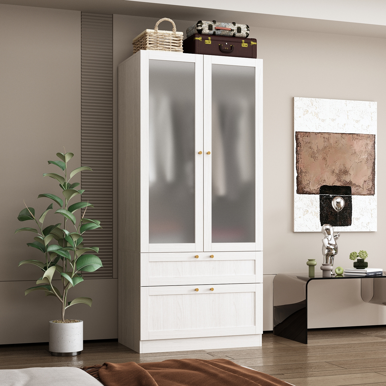 

Armoire Wardrobe Closet With Frosted Glass Doors, Hanging Bar & 2 Drawers, Wooden Closet Storage Cabinet For Bedroom