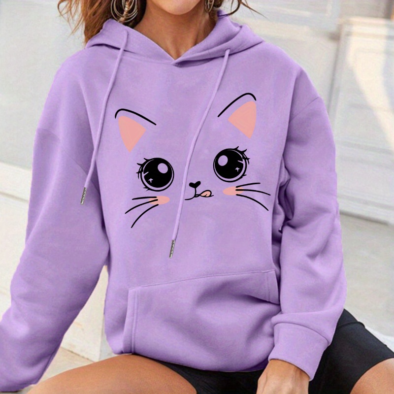 

Cat Print Kangaroo Pocket Hoodie, Casual Long Sleeve Drawstring Hoodies Sweatshirt, Women's Clothing