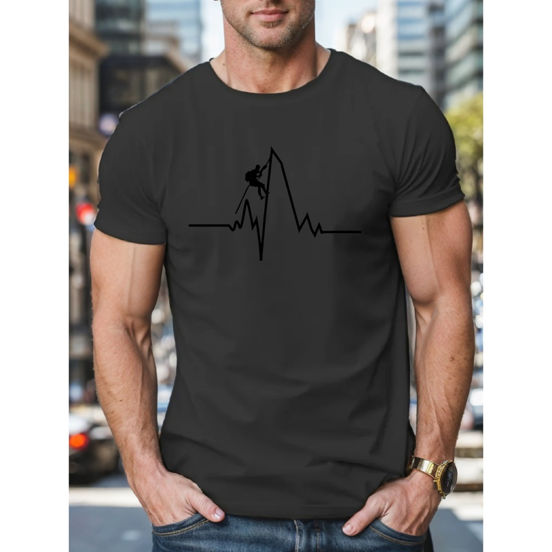 

Men's Casual Short Sleeve T-shirt With Unique Climbing Ekg Design - Breathable Polyester, Crew Neck, Summer Fashion Top