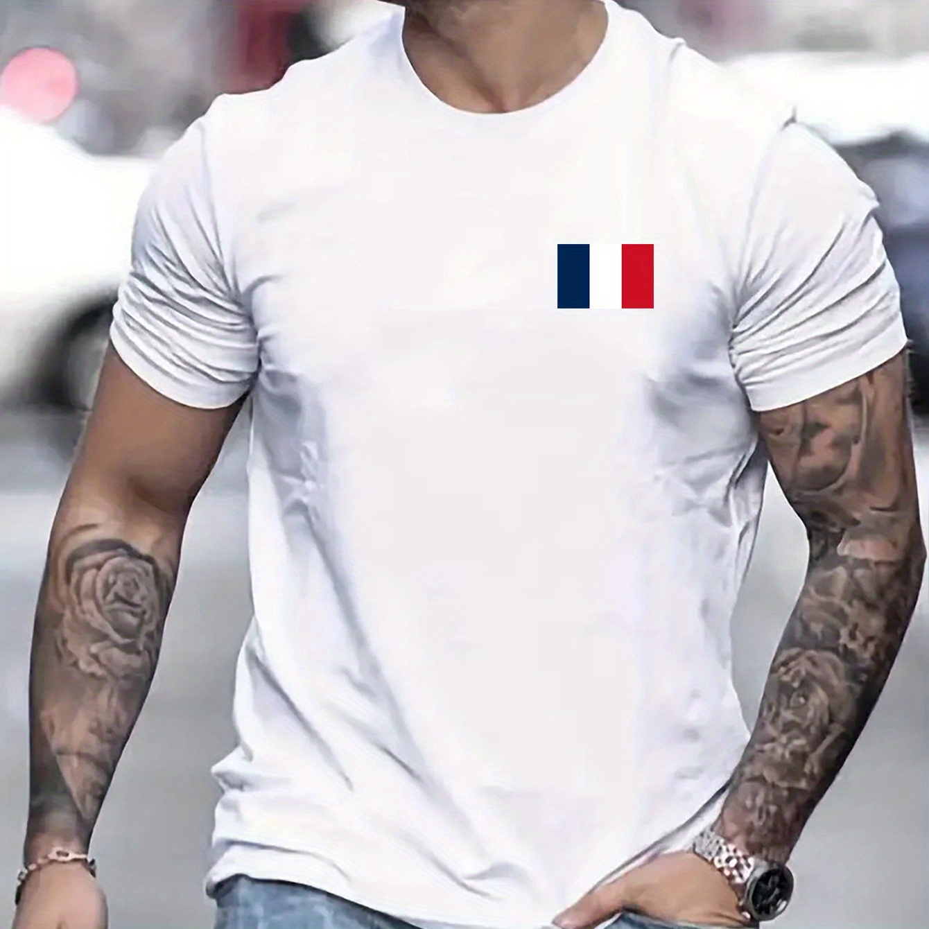 

T-shirt à col rond imprimé drapeau français pour homme, haut décontracté à manches courtes, vêtements pour homme pour l'été au quotidien