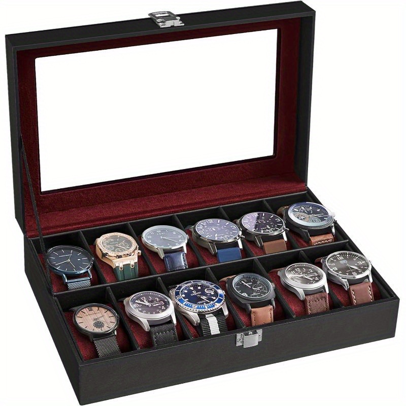 

Songmics Watch Box, 12-slot Watch Case With Large Glass Lid, Removable Watch Pillows, Watch Box Organizer, Gift For Loved Ones, Black Synthetic Leather Father's Day Gift