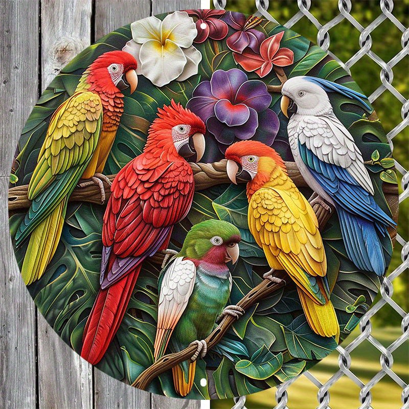 

8x8inch Aluminum Metal Sign: Vibrant Parrot And Flower Design, Suitable For Various Scenarios - Linda Design