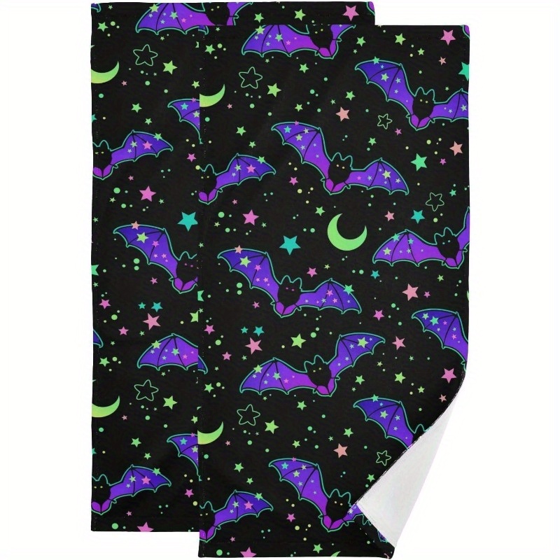 

Set Of 2 Super Soft Halloween Hand Towels - Woven Polyester Blend, Modern Cartoon Bat Moon Star Design, Absorbent Kitchen & Bathroom Decorative Towels, Machine Washable, 18x26 Inches