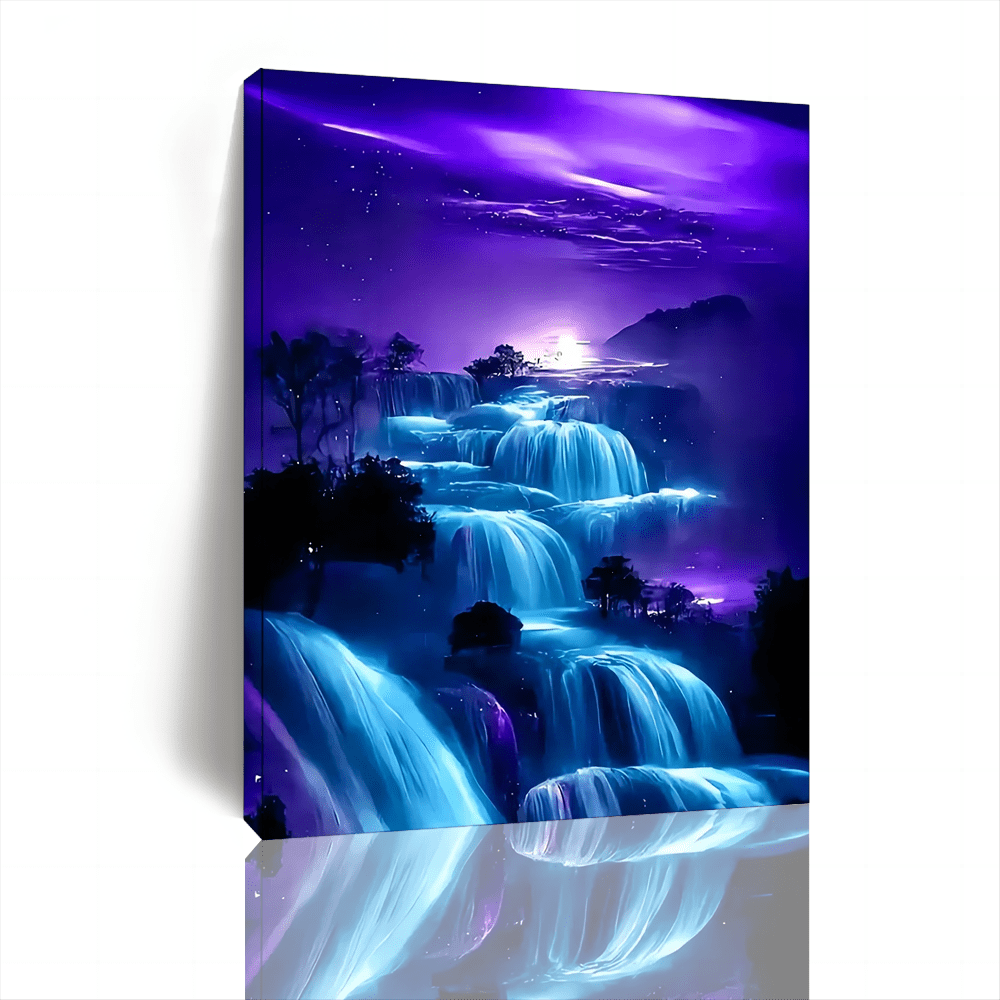 

1pc Purple Moonlight Waterfall Canvas Wall Art, Wooden Frame, For Living Room And Bedroom Decor, Bachelor Party